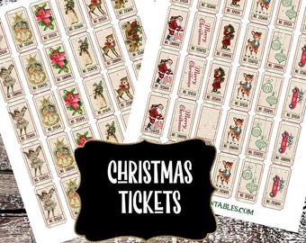 Rosa WeihnachtsEintrittskarten Set, Vintage Weihnachtsephemera für Junk Journaling, handgezeichnete vom Menschen geschaffene Kunst, druckbare Weihnachtskarten