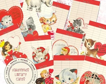 Printable Vintage Valentine Library Cards, Valentine&#39;s Day Ephemera, Vintage Style Stationery, Retro Valentine, Valentine Junk Journal