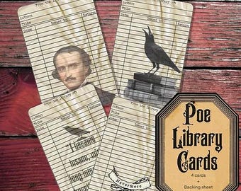 Edgar Allan Poe Bibliothek Karten, Gothic Ephemera, Vintage Stil Schreibwaren, Raven Art, Dark Academia Junk Journal Zubehör