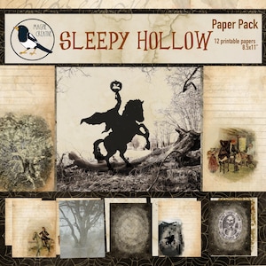 Printable Sleepy Hollow Junk Journal Papers – 12 Spooky Vintage-Inspired Pages Headless Horseman Spooky Junk Journal AI free creation