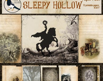 Printable Sleepy Hollow Junk Journal Papers – 12 Spooky Vintage-Inspired Pages Headless Horseman Spooky Junk Journal AI free creation