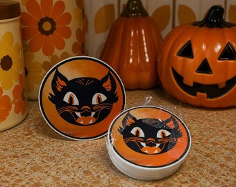 Retro Halloween Cat Vinyl Sticker | 2.25" Groovy Spooky Black Cat | Vintage 70s Halloween | Cute Waterproof Sticker | Original Artwork NO AI
