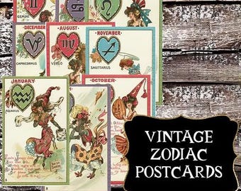 Druckbare Valentinstagskarten mit Sternzeichen | Vintage Sternzeichen Kunst | 1910er Astrologie-inspirierte Designs