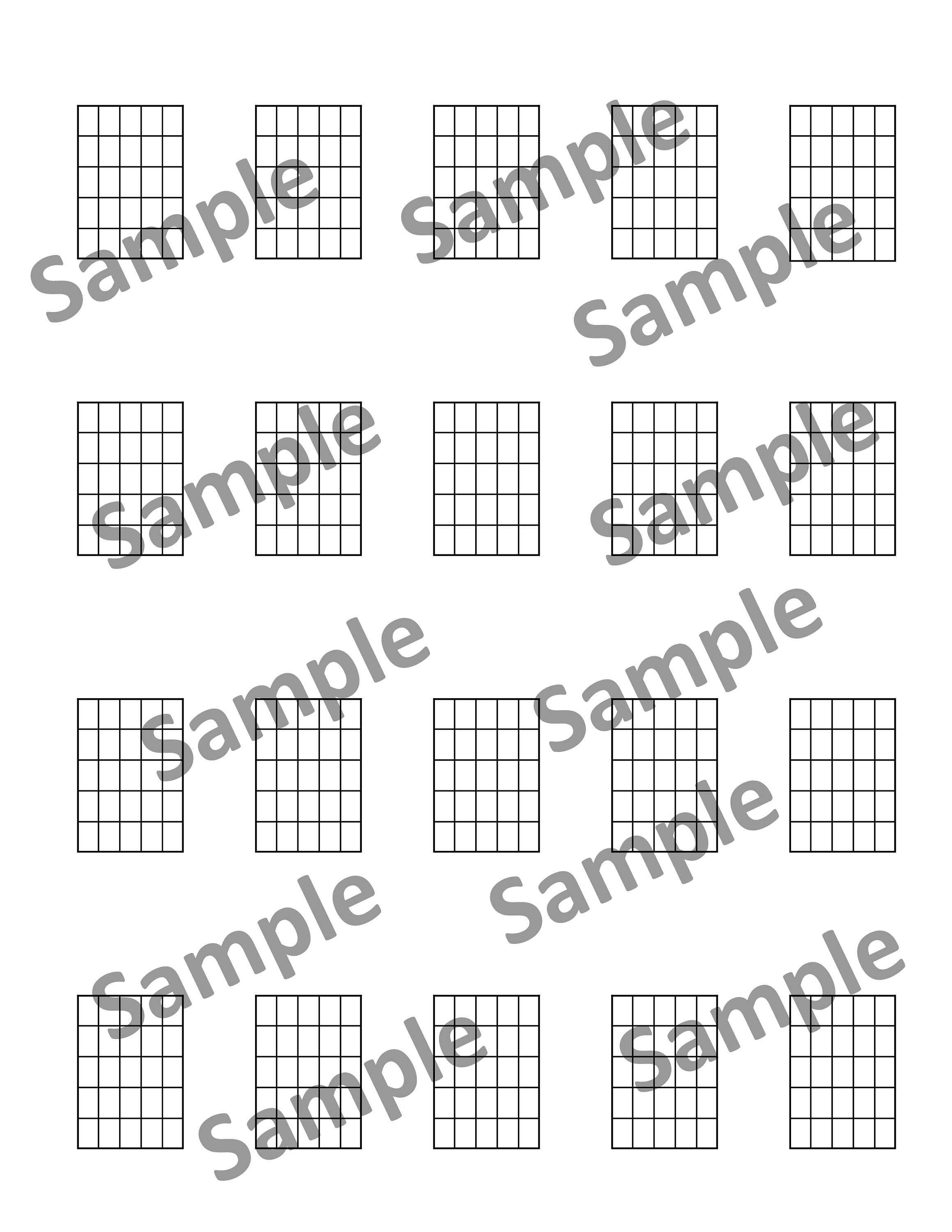 Afdrukbare 5 x 4 blanco gitaarakkoordboxdiagrammen - 5 over x 4 rijen naar beneden