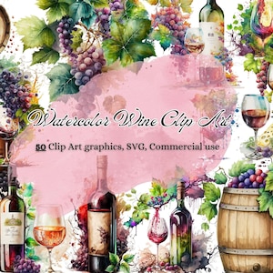 50 Watercolor Clip Art Images Featuring Wine Bottles, Glasses, and Grapes: Ideal for Wine-related Projects, Instant Download, Commercial use