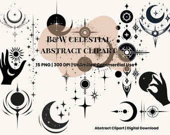 Clipart abstracto celestial bohemio, luna y estrellas PNG, conjunto de imágenes prediseñadas místicas, estética espiritual, arte lineal esotérico, descarga digital