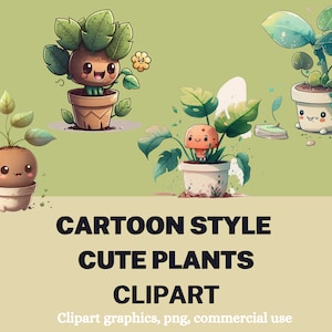Adorabile clip art di piante in stile cartone animato - file PNG di alta qualità per progetti fai da te, grafica di piante Chibi per uso commerciale su Etsy, stravagante
