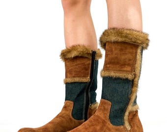 Brown Suede Winter Boots Denim Panel Fur Trim Y2K Vintage - EU 40 / UK 7 / US 9