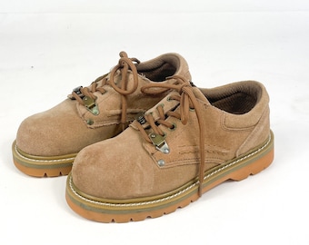 Cream Suede Oxford Boots – Chunky Vintage Leather Shoes – Size EU 36 / UK 3 / US 5