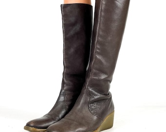 Camper Brown Real Leather Wedge Knee High Boots – Minimalist Retro Style – Size EU 36 / UK 3 / US 5