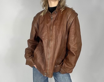 Vintage Brown Real Leather Zipped Preloved Bomber Jacket