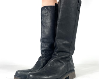 ヴィンテージ ブラック レザー ニーハイブーツ スラウチー ライディングブーツ 90年代 トール プルオン ボヘミアン ウエスタンブーツ EU 39 / UK 6 / US 8