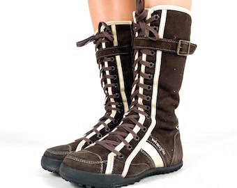 Vintage Wrangler bruine leren kniehoge laarzen voor dames met vetersluiting, westernstijl, suède, bikerlaarzen, gemaakt in Roemenië, EU 37 / UK 4 / US 6