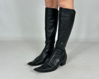 Amazing Spiky Toe Black Cowboy Genuine Leather Knee High Y2K Preloved Boots