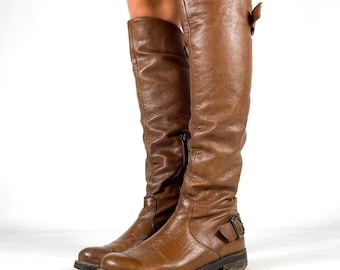 Vintage Tan Brown Real Leather Knee High Boots Women Zip Buckle Strap Riding Boots Boho Moto Leather Boots EU 36 / UK 3 / US 5