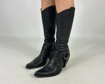 Schwarze Cowboy-Kniehohe Y2K-Preloved-Stiefel aus echtem Leder