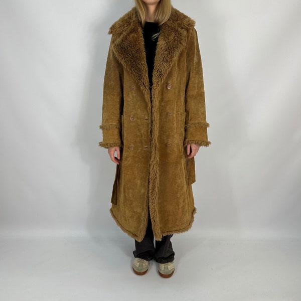 Y2K Long Carmel Winter Faux Sheepskin Preloved Coat Penny Lane Coat Afghan Coat