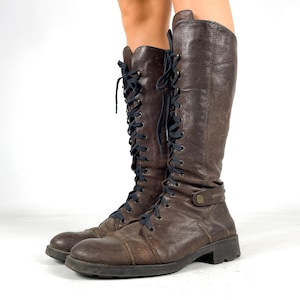 Vintage Brown Real Leather Knee High Boots Women Lace Up Combat Biker Moto Boots Chunky Sole Grunge Leather Boots EU 39 / UK 6 / US 8
