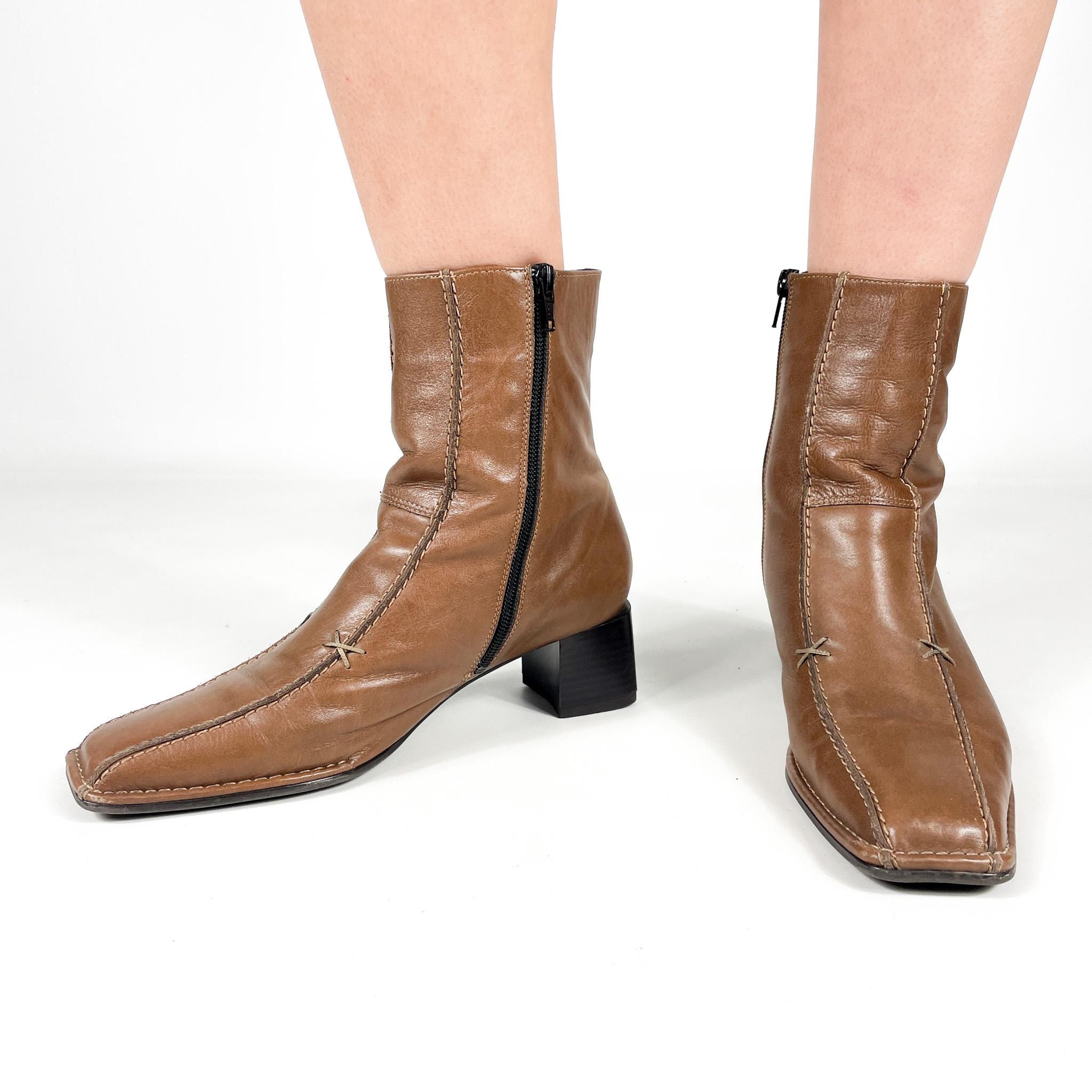 Vintage Brown Leather Ankle Y2K Boots Women Square Toe Block Heel