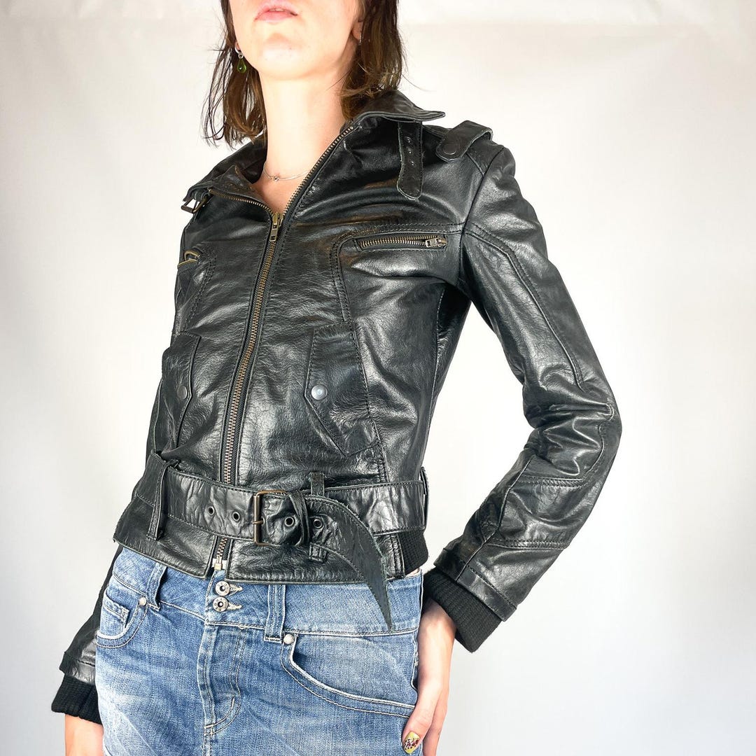 Black Genuine Leather Jacket Fitted Motor Jacket Pockets and