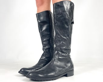 Black Flat Knee High Round Toe Riding Style Y2K Festival Minimalist Boots, Size EU 39 / UK 6 /US 8