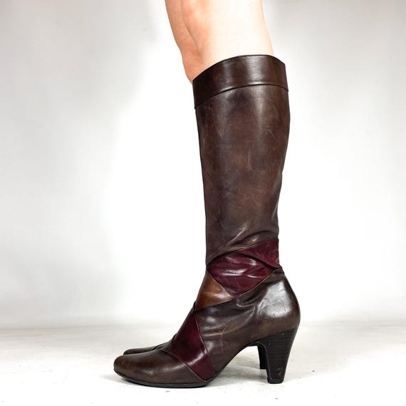 Brown Patchwork Knee High Leather Boots Vintage H… - image 6