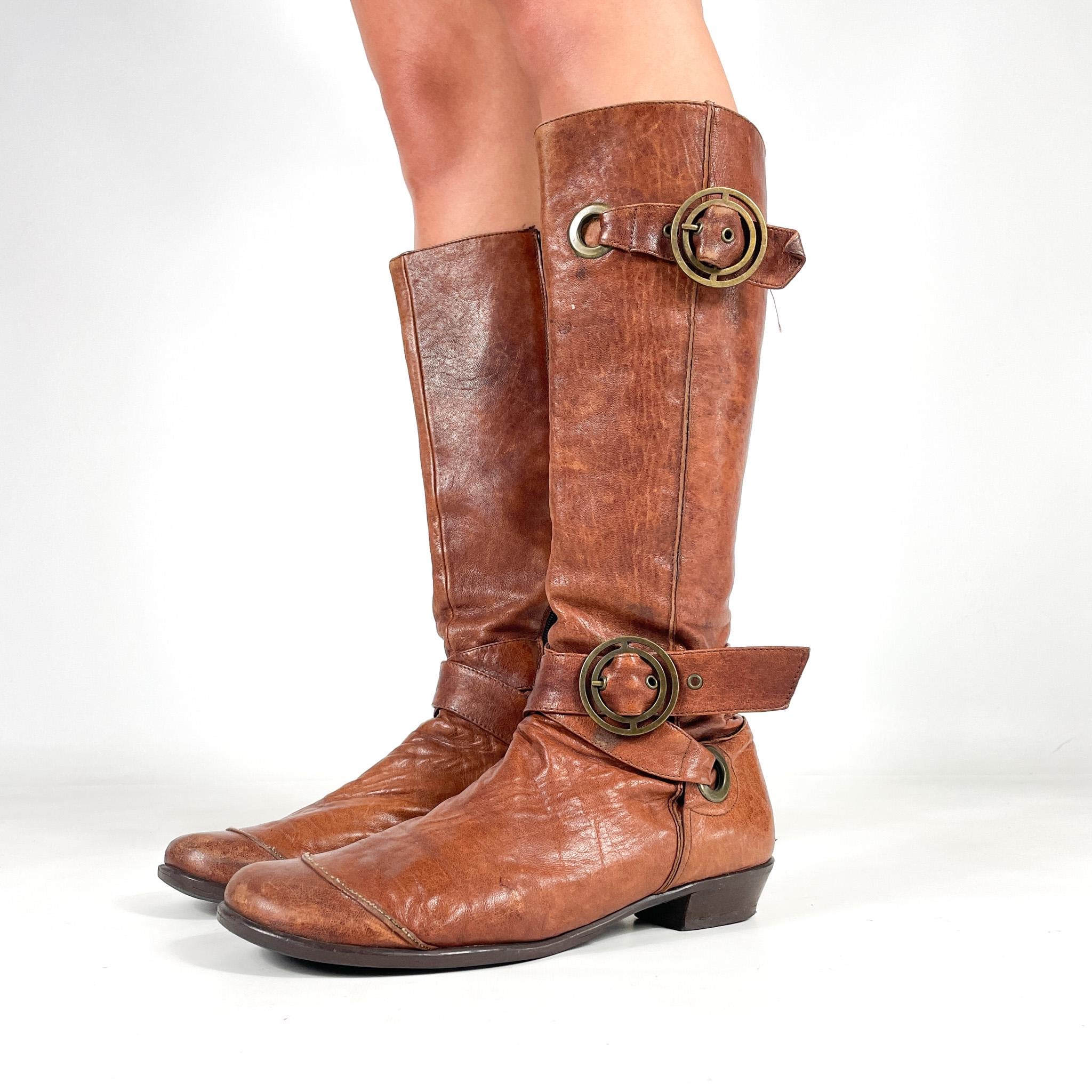 Y2K Real Leather Brown Biker Combat Knee High Boots Round Buckle