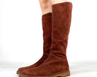 Brown Suede Knee High Boots Flat Tall Boots Minimalist Vintage Style Size EU 40 / UK 7 / US 9
