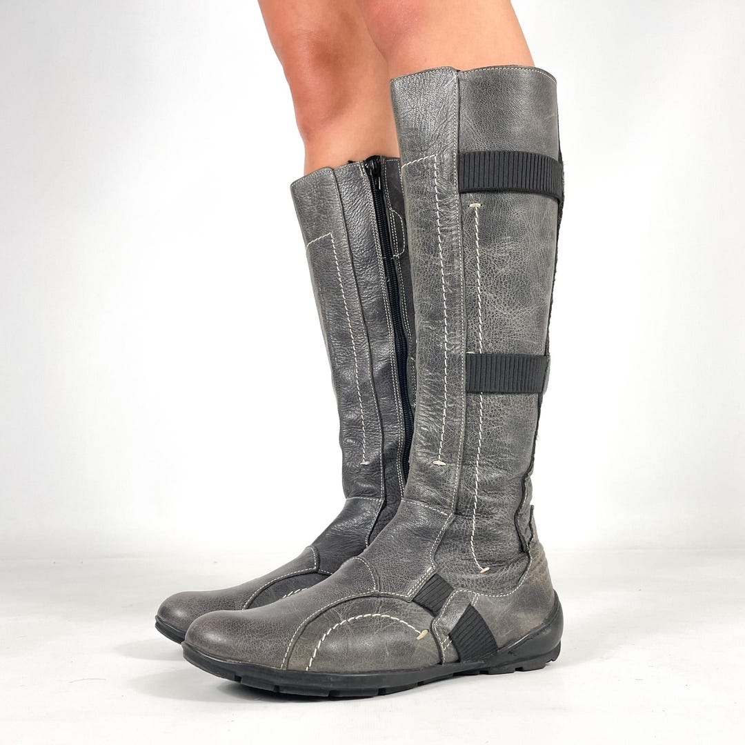 Gray Genuine Leather Biker Cyberpunk Y2K Patchwork Boots