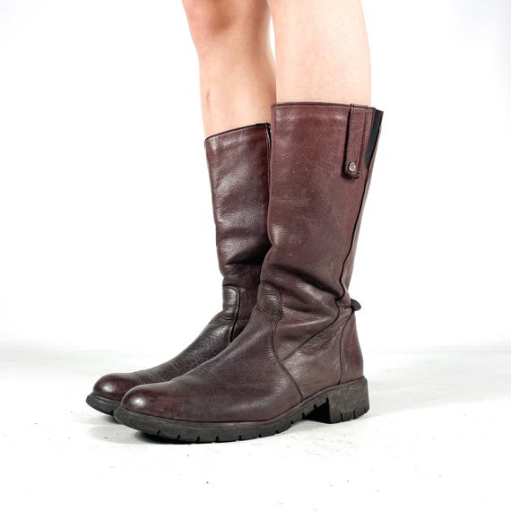 Knee High Boots Brown Leather Chunky Sole Vintage Womens Boots Round Toe Zip Boots - Size EU 39 / UK 6 / US 8