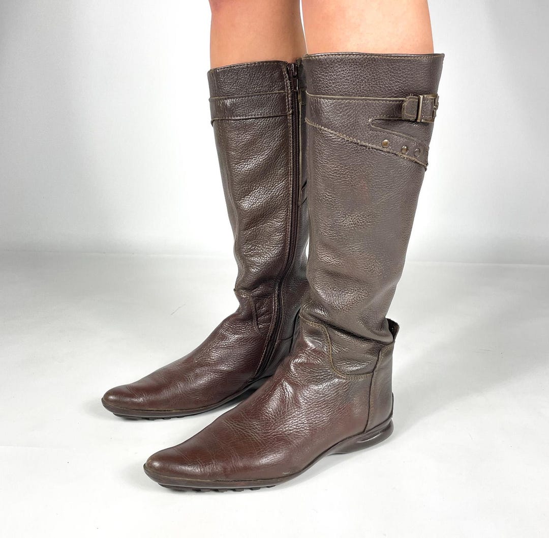 Vintage Brown Faux Leather Knee High Boots, Women's Flat Riding Boots ...