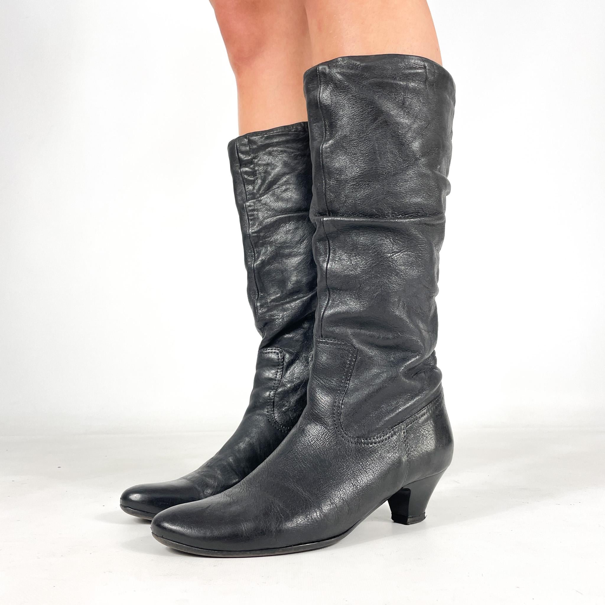 Vintage Black Leather Boots Women Y2K Style Knee High Slouchy Low