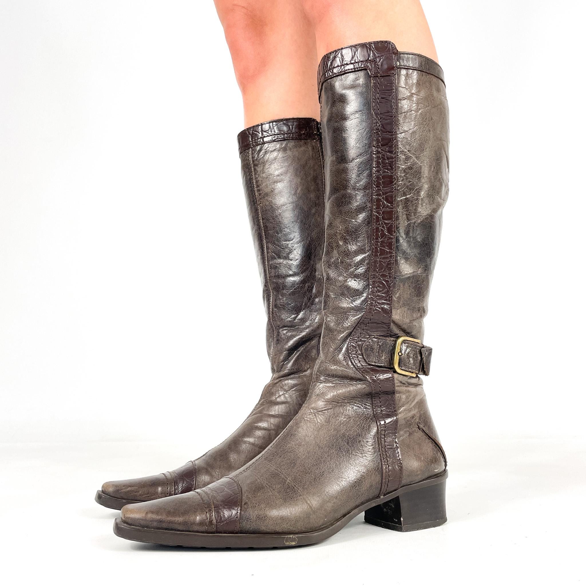 靴 y2k ring heal Buckle Boot crocoleather Brown Genuine Leather Knee High Croc Embossed Trim Buckle
