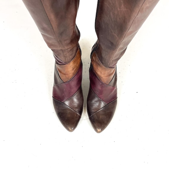 Brown Patchwork Knee High Leather Boots Vintage H… - image 4