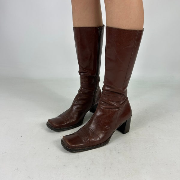 Brown Square Toe Mid-calf Genuine Leather Preloved Boots