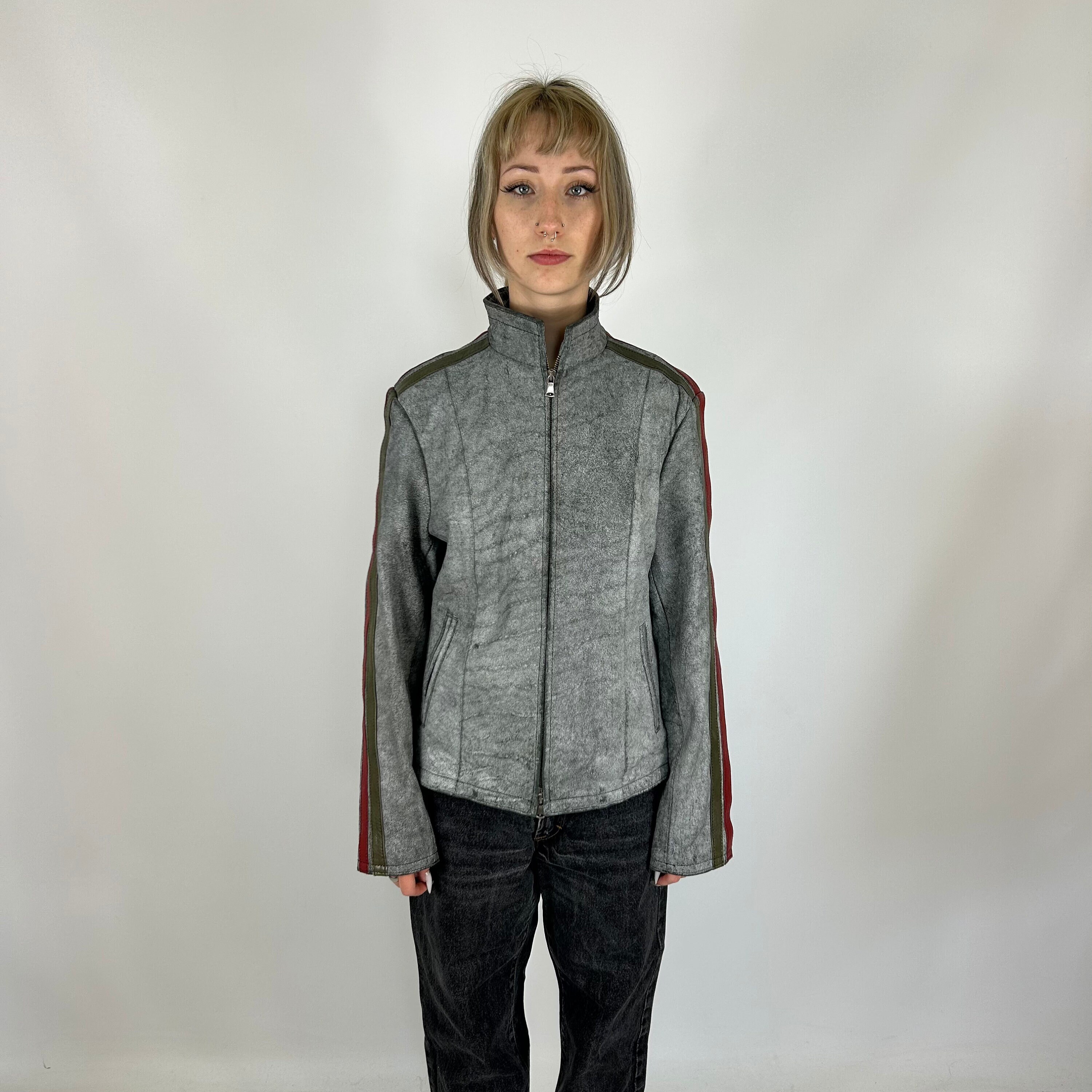 Gray Washed Genuine Leather Oversize Y2K Preloved Jacket with Side Straps