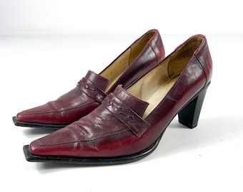 Vintage Cafe Noir Burgundy Heeled Loafers Real Leather Square Toe Y2K Business Formal Pumps Kitten Heel Shoes - Size EU 40 / UK 7 / US 9