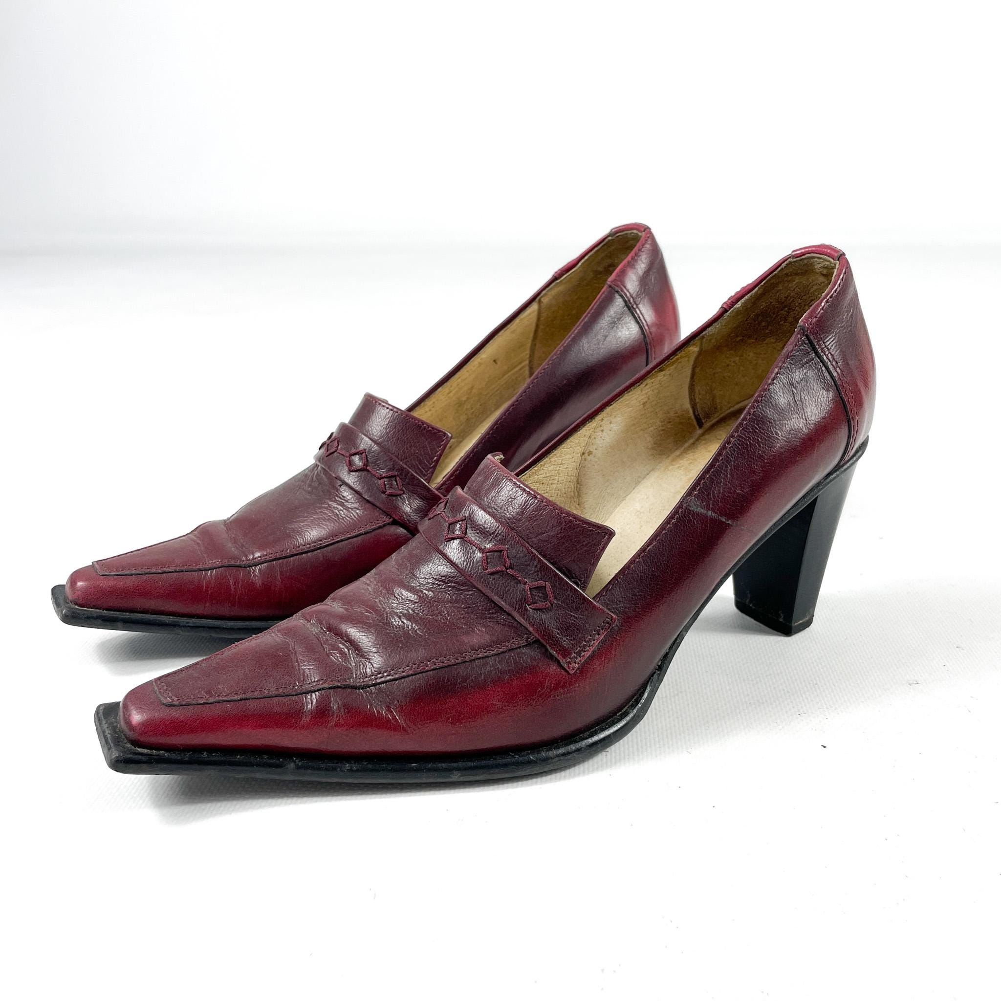 Vintage Cafe Noir Burgundy Heeled Loafers Real Leather Square Toe Y2K…
