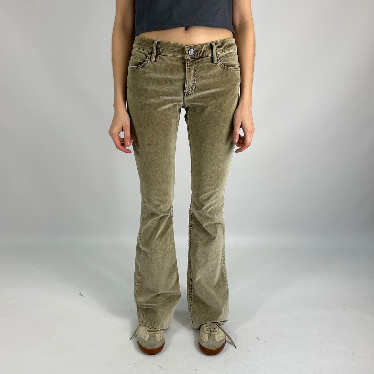 Olive Corduroy Flare Pants Women Low Rise Y2K Style Vintage Bootcut Fall Winter Retro Aesthetic 2000s Fashion Soft, Size S/Small