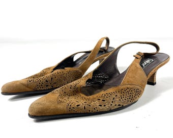 Vintage Suede Leather Slingback Pumps Laser Cut Floral Heels Brown Shoes EU 39 / UK 6 / US 8