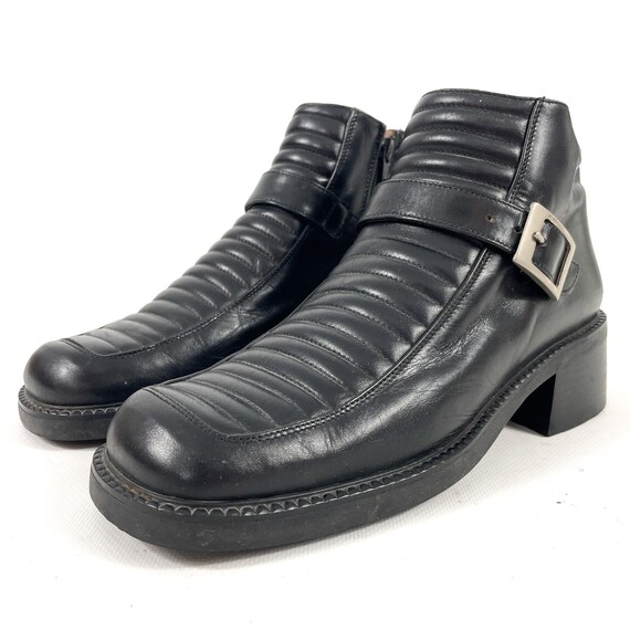 Vintage Y2K Real Leather Ankle Boots Black Quilted Retro Biker Rock Grunge Festival Minimalist Heeled Style - Size EU 40 / UK 7 / US 9