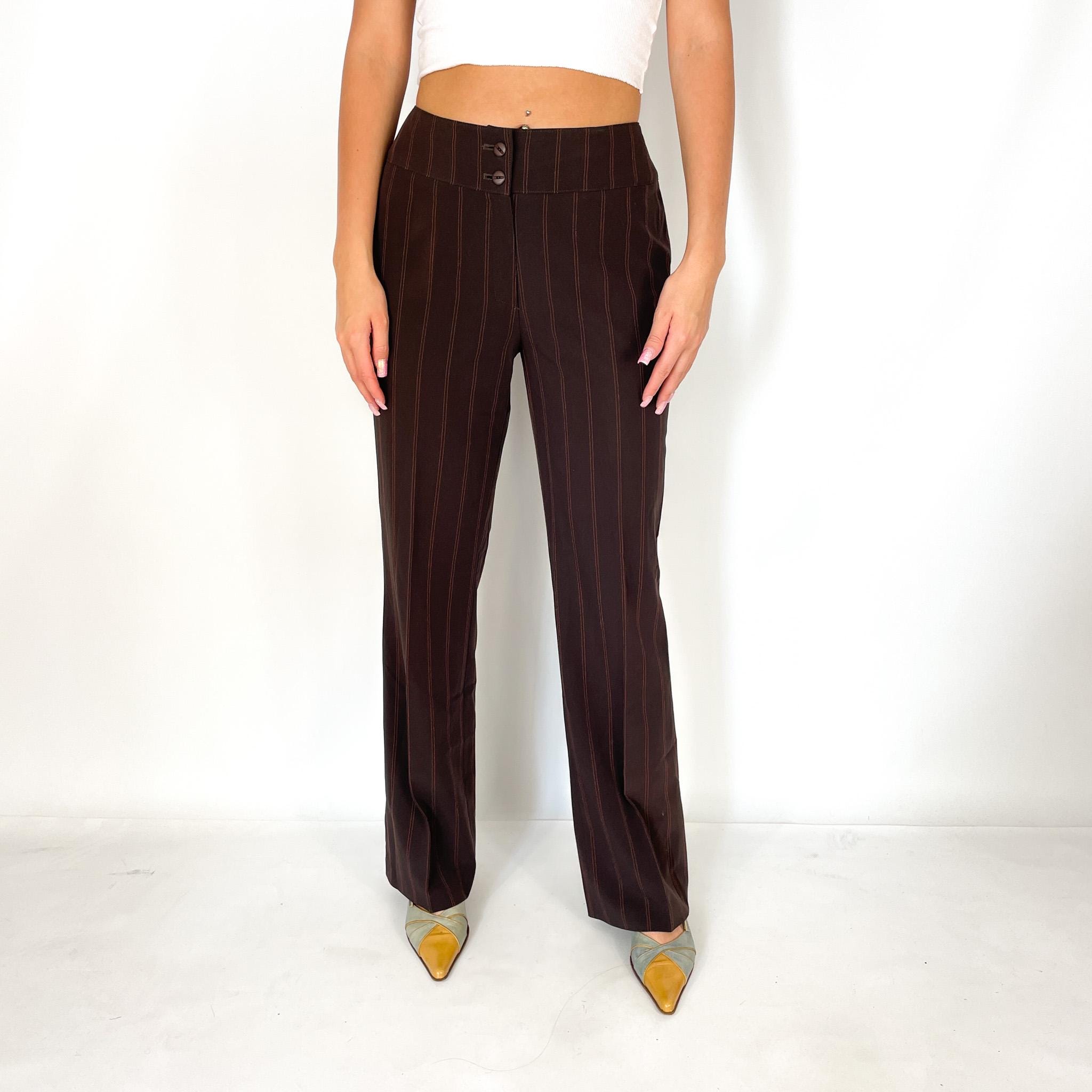 Brown Y2K Pinstriped Office Pants - Vintage 2000s Formal