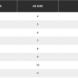 May include: A size chart with columns for UK, EU, and US shoe sizes, along with corresponding foot lengths in millimeters. The chart includes sizes from US size 4 to 11, EU size 35 to 42, and UK size 2 to 9.