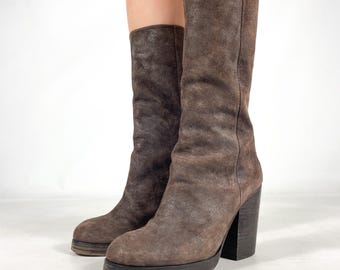 Brown Genuine Leather Suede Platform Mid Calf High Heel Chunky Y2K Boots, Size EU 38 / UK 5 / US 7