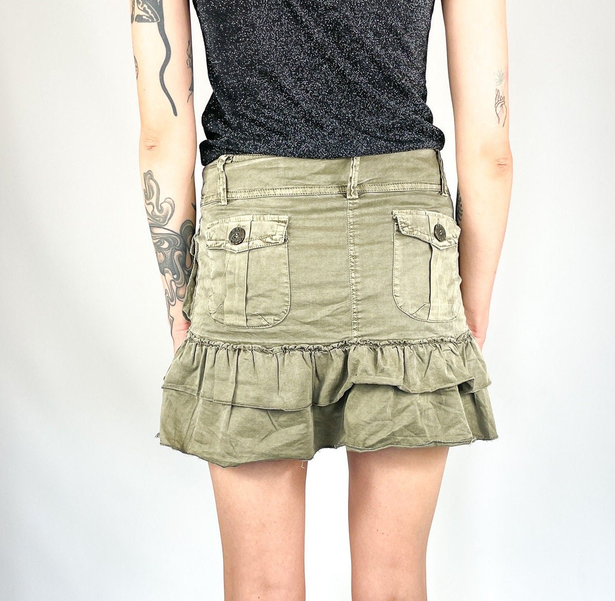 Y2K Military Ruffled Mini Skirt - Khaki Combat Style, Retro
