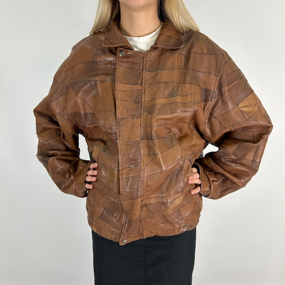 Unique Patchwork Brown Bomber Oversize Real Leath… - image 4
