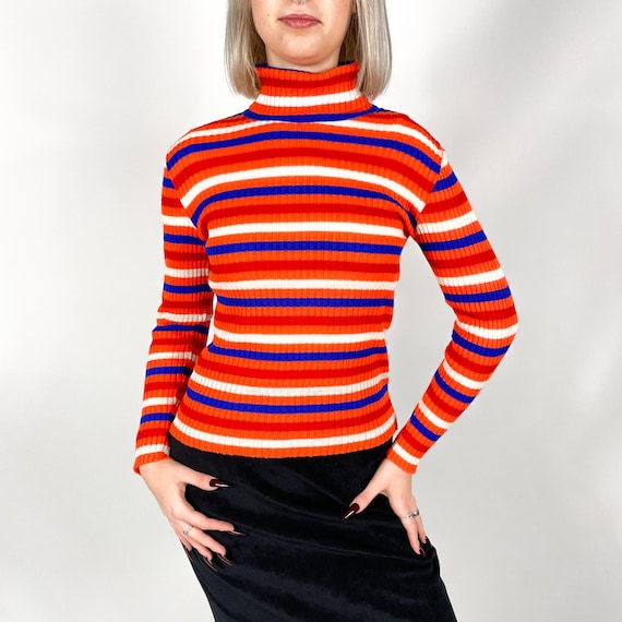 Retro Striped Ribbed Turtleneck Sweater XS - Orange Blue White