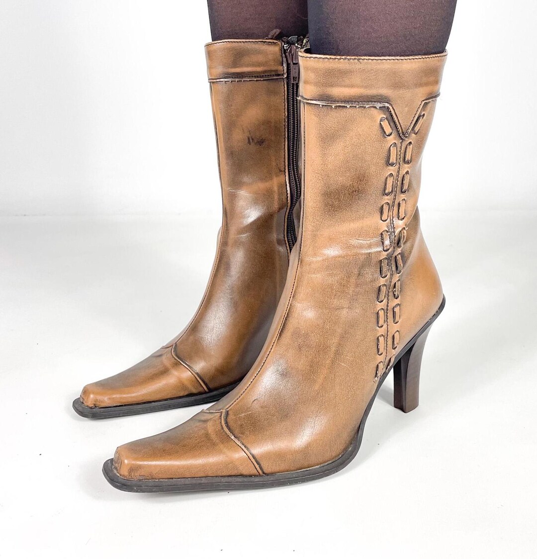 archive vintage leather boots 38 y2k ブーツ Vintage Brown Leather High Heel Y2K Ankle Boots, Pointed Toe Mid