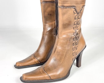 Vintage Brown Leather High Heel Y2K Ankle Boots, Pointed Toe Mid-Calf Boots with Side Details, Size EU 37 / UK 4 / US 6