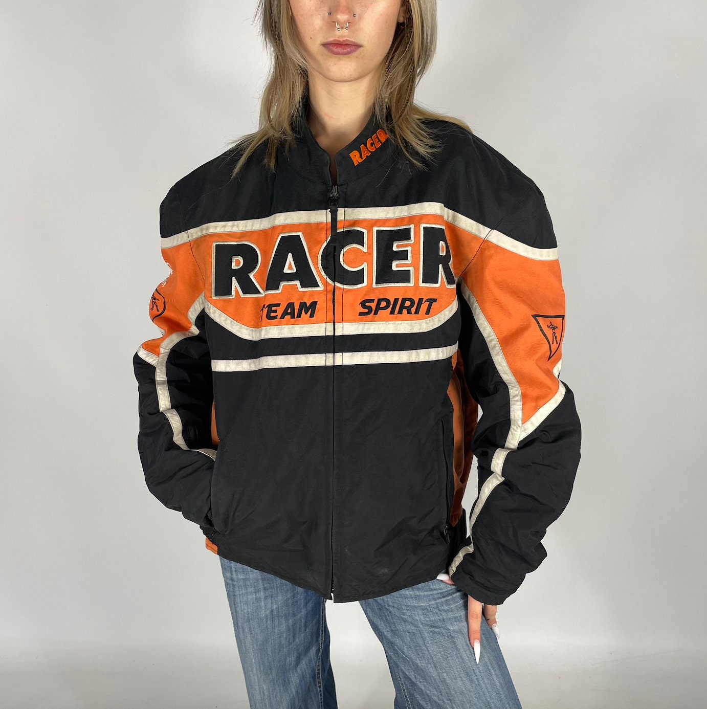 送料無料 通販  & Orange Black Etsy - Jacket Preloved Oversize Racer Moto アイドルグッズ